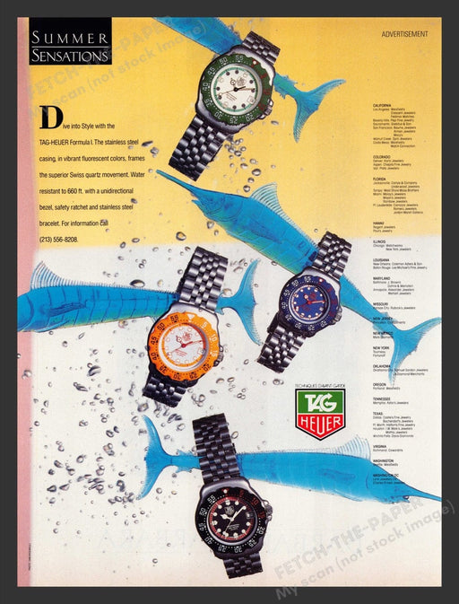 1988 Tag Heuer Watches Formula I Models Deep Sea Fish Print Advertisement Ad
