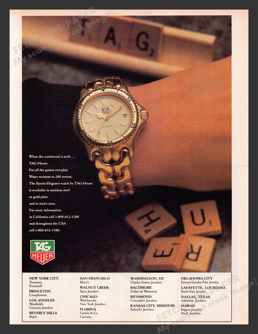1987 Tag Heuer Watches Scrabble 200 Meters Print Advertisement Ad