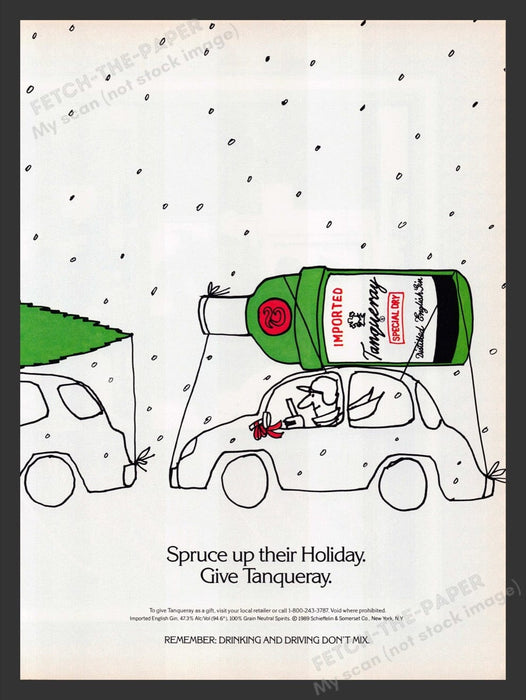 1989 Tanqueray Gin "Spruce up their Holiday" Illustration Print Advertisement Ad