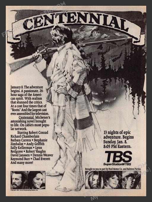 1984 Print Advertisement TBS Centennial 26 Hour T.V. Series James Michener Ad.