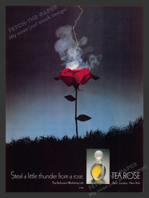 Tea Rose Fragrance Lightning Striking Rose 1980s Print Advertisement 1983 Fetch the Paper!
