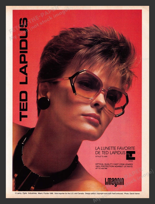 1988 Ted Lapidus Sunglasses Short Haired Model Print Advertisement Ad