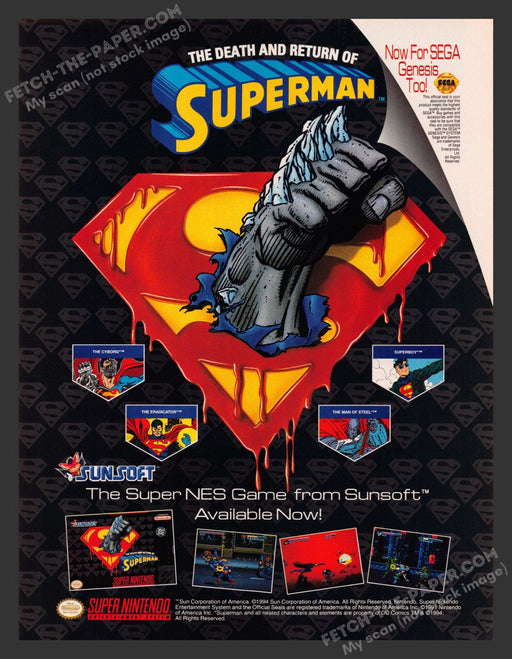 1994 Print Advertisement The Death and Return of Superman Video Game Ad.