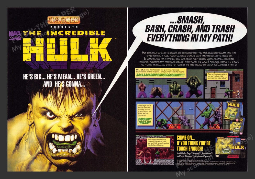 1994 The Incredible Hulk Video Game Print Advertisement (2 Pages)