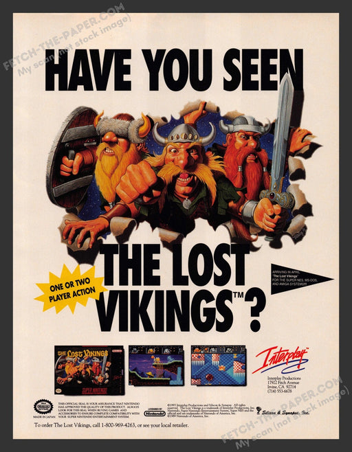 1993 Print Advertisement The Lost Vikings Video Game Ad.