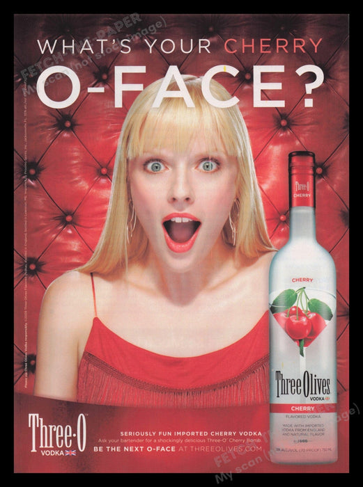 Three Olives Vodka 2000s Print Advertisement Ad 2009 "O-Face" Cherry Fetch the Paper!