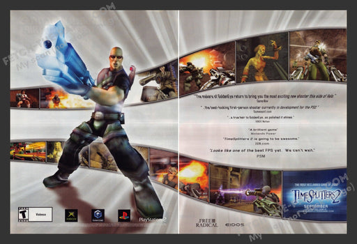 2002 Print Advertisement 2 Page Time Splitters 2 Video Game Ad.