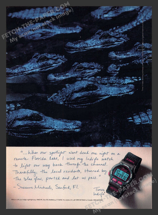 1995 Print Advertisement Timex Watches "Indiglo" Alligators Ad.