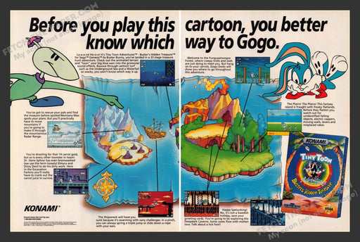 1993 Print Advertisement 2 Page Tiny Toon Buster's Hidden Treasure Video Game Ad.