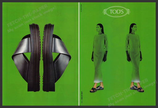 Tod's Shoes 1990s Print Advertisement (2 pages) 1999 Green Fashion Model Fetch the Paper!