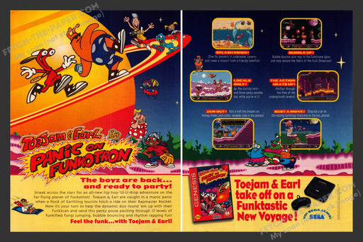 1994 Print Advertisement 2 Page ToeJam & Earl: Panic on Funkotron Video Game Ad.