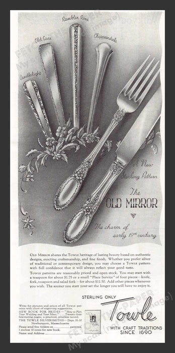 1940 Towle Sterling Flatware "The Old Mirror" Print Advertisement Ad