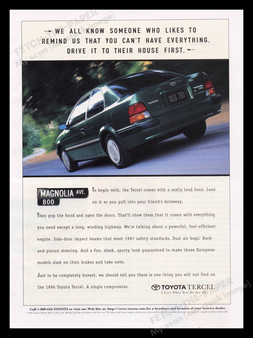 Toyota 1990's Print Advertisement Ad 1995 Tercel DX Car Road Fetch the Paper!