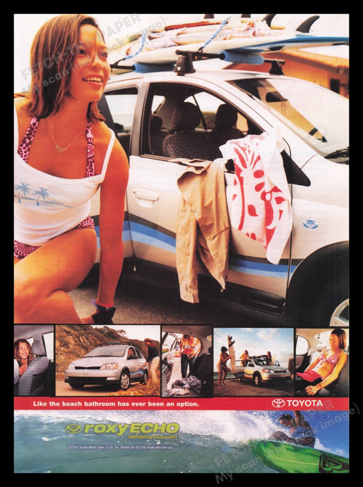 Toyota 2000s Print Advertisement Ad 2001 Echo Surfer Chic Model Fetch the Paper!
