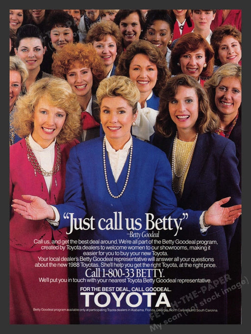 1988 Toyota "Just Call Us Betty" Betty Goodeal Print Advertisement Ad