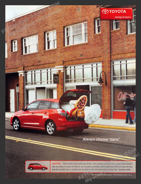 2005 Print Advertisement Toyota Matrix Car City Pizza Man in Trunk  Ad.