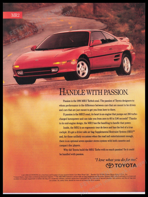 Toyota MR2 Car 1990s Print Advertisement Ad 1991 Red Turbo Fetch the Paper!