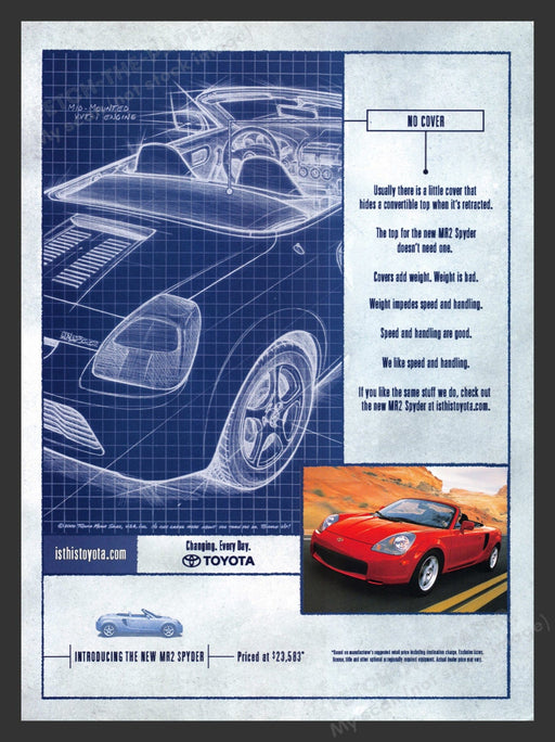 2000 Toyota MR2 Spyder Car Print Advertisement Ad.