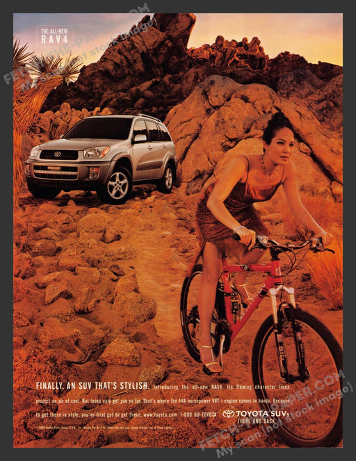 2001 Print Advertisement Toyota Rav4 SUV Desert Mountain Biking Lady Ad.