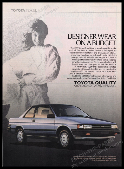 Toyota Tercel Coupe Car 1980s Print Advertisement Ad 1989 Designer Wear Fetch the Paper!