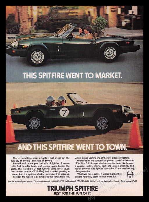 Triumph Spitfire Car 1970s Print Advertisement Ad 1979 Market Town Driving Fetch the Paper!