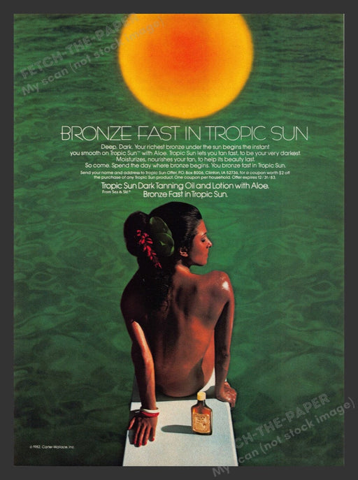 1983 Tropic Sun Dark Tanning Oil Nude Bather Green Print Advertisement Ad