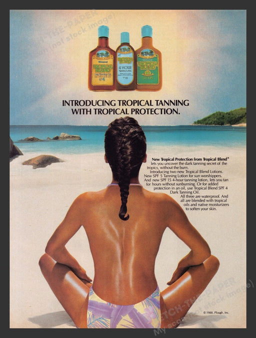 1988 Tropical Blend Dark Tanning Topless on Beach Print Advertisement Ad