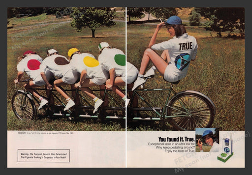 True 1980s Print Advertisement Ad (2 pages) 1983 Cigarettes Tandem Bicycle Fetch the Paper!