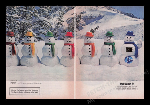 True Cigarettes 1980s Print Advertisement Ad (2 pages) 1982 Snowmen Fetch the Paper!