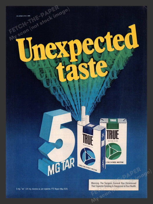 1980 True Cigarettes "Unexpected Taste" Print Advertisement Ad