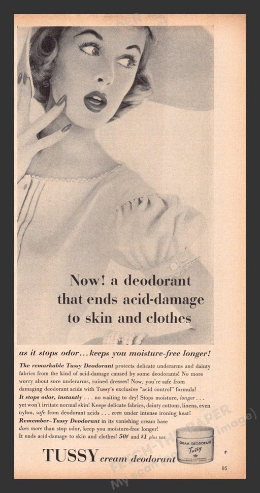 1956 Tussy Cream Deodorant Ends Acid Damage Print Advertisement Ad