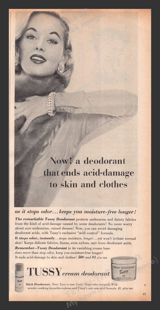 1956 Tussy Cream Deodorant Ends Acid Damage Skin Print Advertisement Ad
