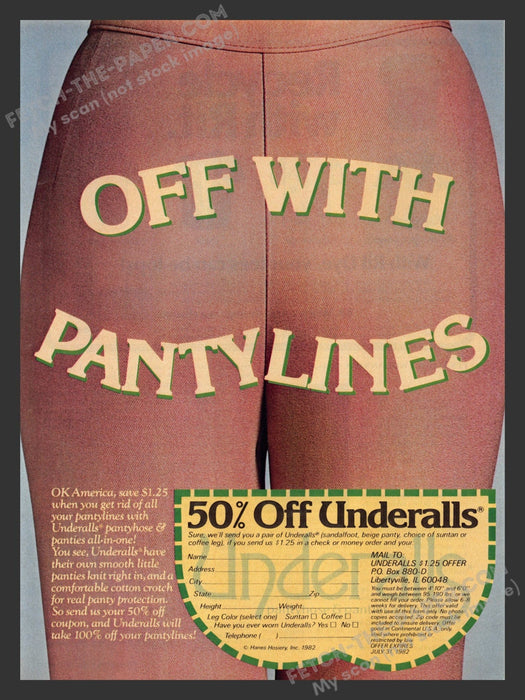 1982 Print Advertisement Underalls Pantyhose & Panty Combination No Lines Ad.