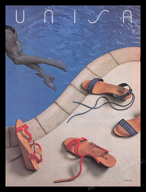 Unisa Shoes 1980s Print Advertisement Ad 1985 Poolside Legs Swimming Model Fetch the Paper!