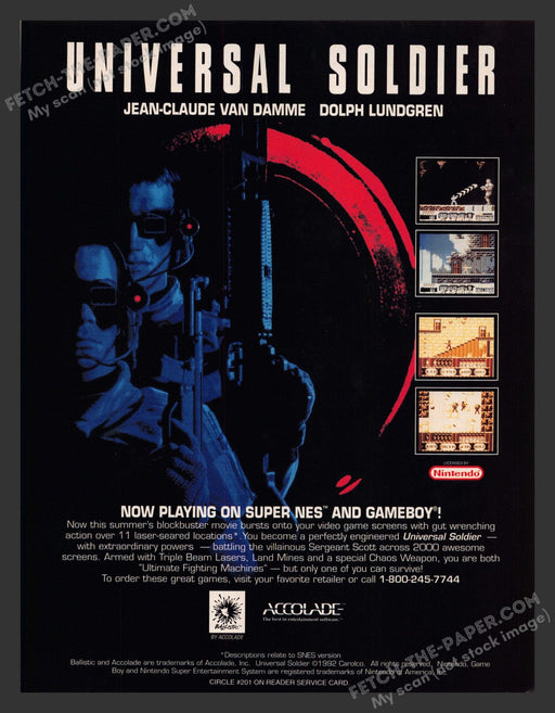 1993 Print Advertisement Universal Soldier Van Damme Celebrity Video Game Ad.