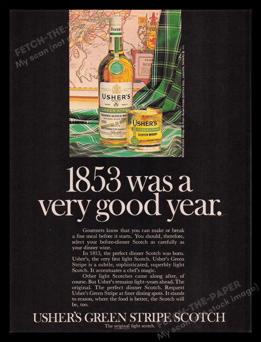 Usher's Green Stripe Scotch Whisky 1970s Print Advertisement Ad 1972 Bottles Fetch the Paper!