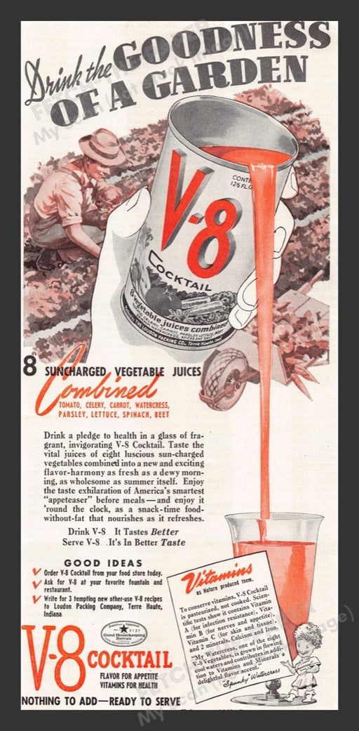 1941 V-8 Cocktail Vegetable Juices Garden Farmer Print Advertisement Ad