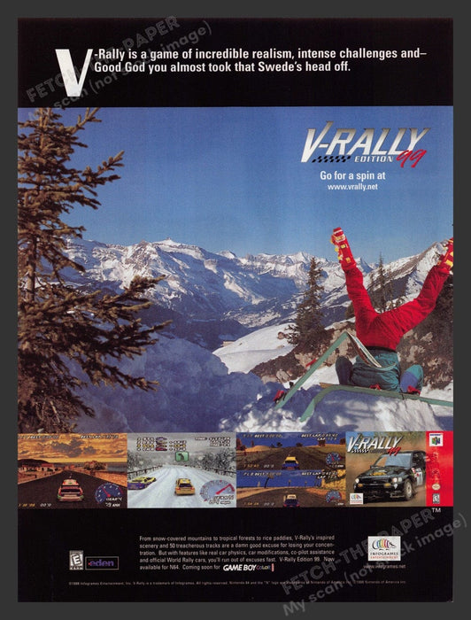 1999 V-Rally Edition 99 Skiier Accident Video Game Print Advertisement