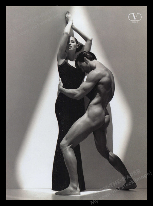 Valentino 1990s Print Advertisement 1995 Christy Turlington Muscles Naked Male Fetch the Paper!