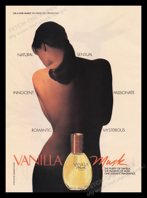 Vanilla Musk by Coty Fragrance 1990s Print Advertisement Ad 1996 Naked Back Fetch the Paper!