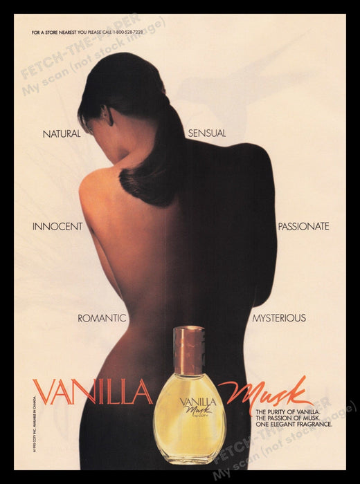 Vanilla Musk by Coty Fragrance 1990s Print Advertisement Ad 1996 Naked Back Fetch the Paper!