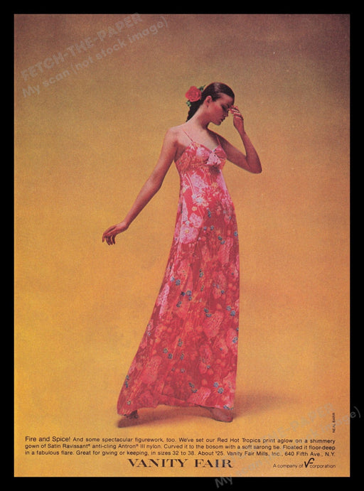 Vanity Fair Lingerie 1970s Print Advertisement Ad 1977 Fire and Spice Gown Fetch the Paper!