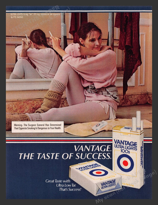 1983 Vantage Ultra Lights 100s Cigarettes Leg Warmers Dancer Print Ad