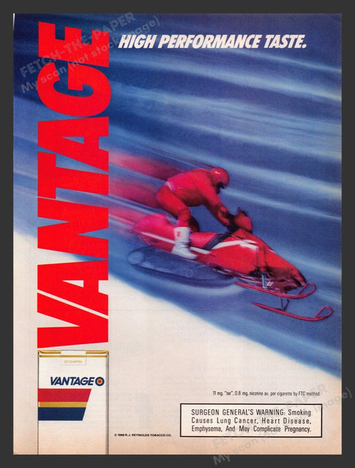 1988 Vantage Cigarettes Snowmobile Print Advertisement Ad