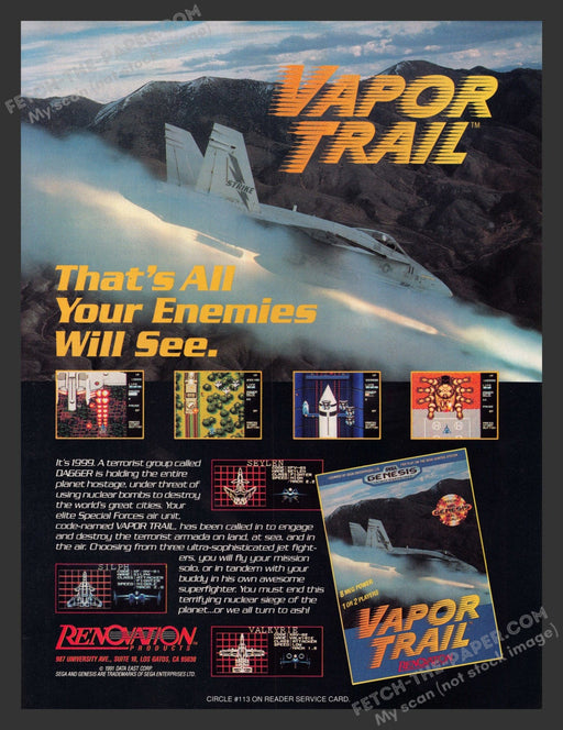 1991 Print Advertisement Vapor Trail Video Game Ad.