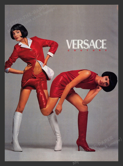 Versace 1990s Print Advertisement 1995 Couture Legs Boots Models Fetch the Paper!
