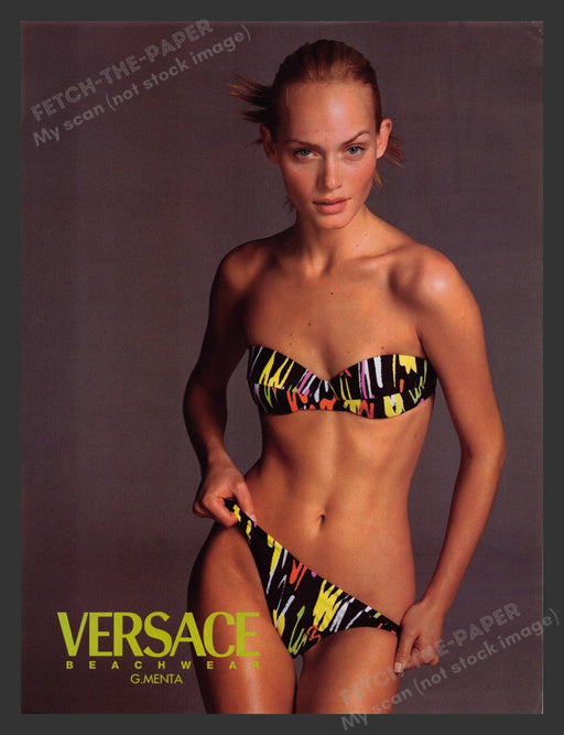 Versace 1990s Print Advertisement 1996 Beachwear Bikini Amber Valletta Smokin Fetch the Paper!