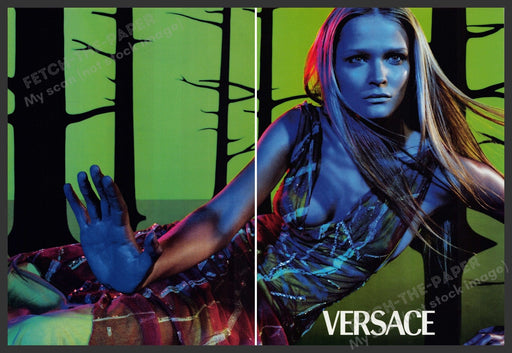 Versace Clothing 1990s Print Advertisement (2 pages) 1999 Forest Colorful Model Fetch the Paper!