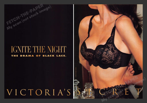 Victoria's Secret 1990s Print Advertisement (2 pages) 1995 Bra Panty Black Lace Fetch the Paper!