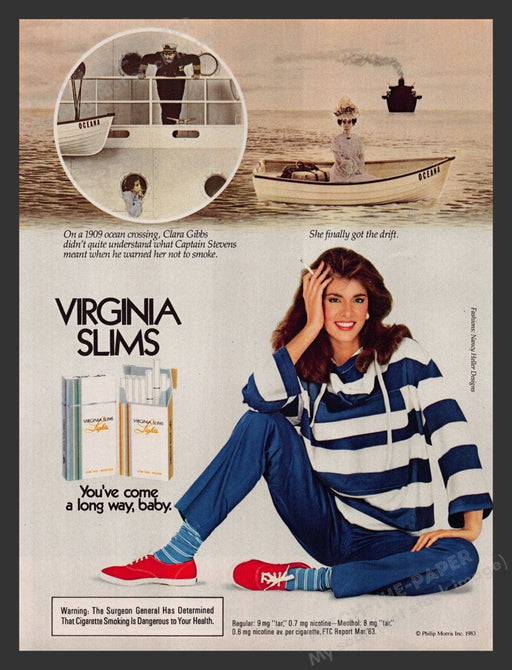 Virginia Slims 1980s Print Advertisement Ad 1983 Cigarettes Clara Gibbs Adrift Fetch the Paper!